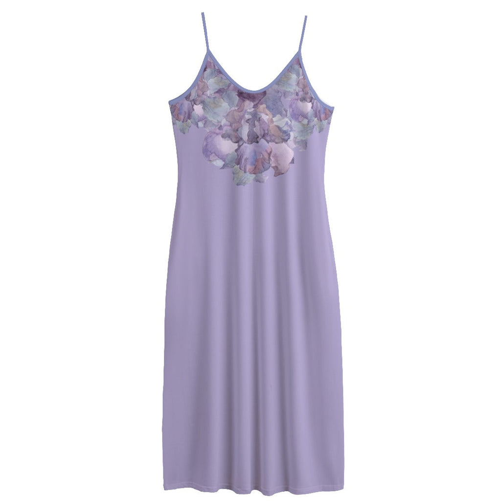 Lavender long dress with floral pattern on a white background