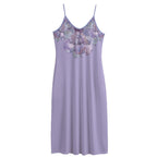Lavender long dress with floral pattern on a white background